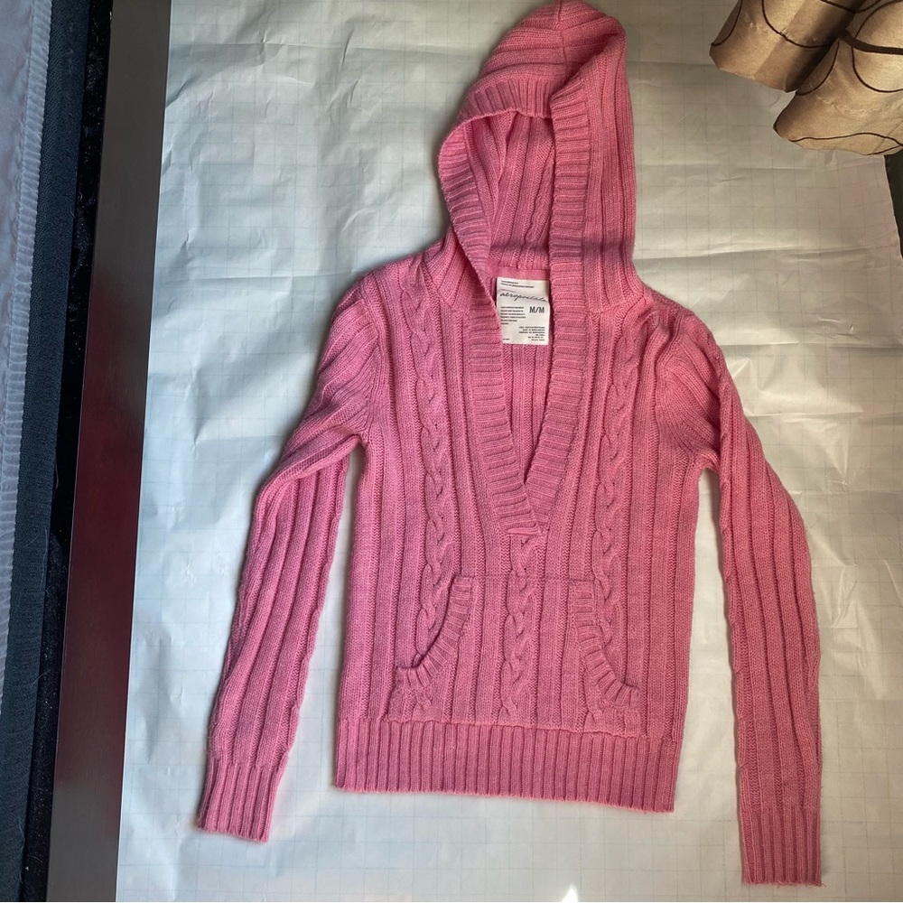 Aeropostale hoodie cable knit sweater pink long sleeve front pocket size Medium